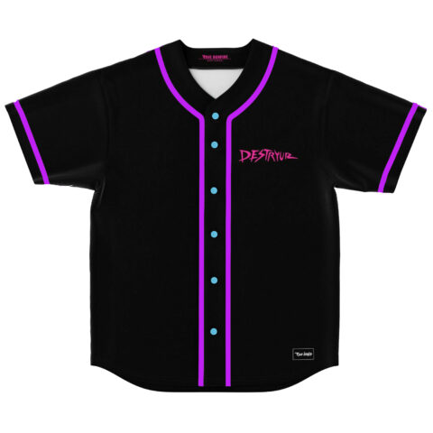 Black zombie rave baseball jersey front view with purple trim and pink Destryur text logo