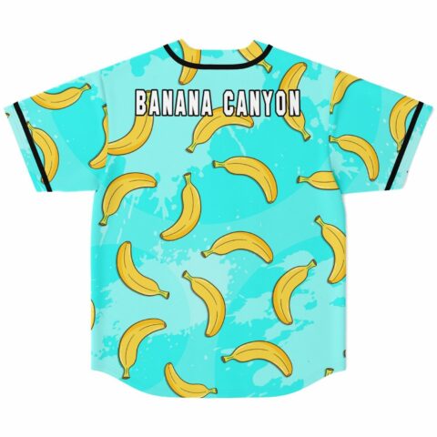 Banana Canyon text across shoulders on turquoise banana print jersey back view flat lay