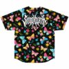 Black butterfly print jersey back view with bold gothic text above colorful floral pattern