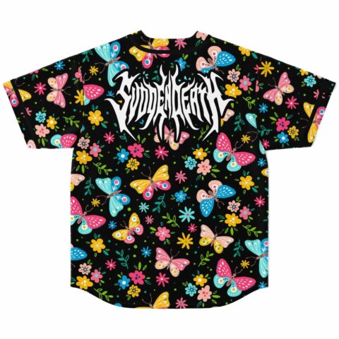 Black butterfly print jersey back view with bold gothic text above colorful floral pattern