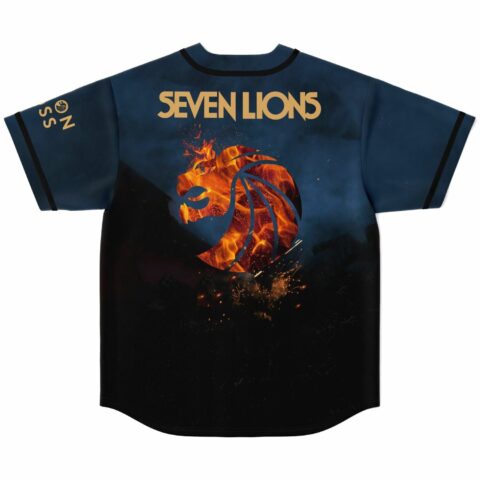 Fiery lion emblem and Seven Lions text on navy baseball jersey back