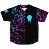 Black baseball jersey, front view, neon paint splatter print, dripping smiley face patch