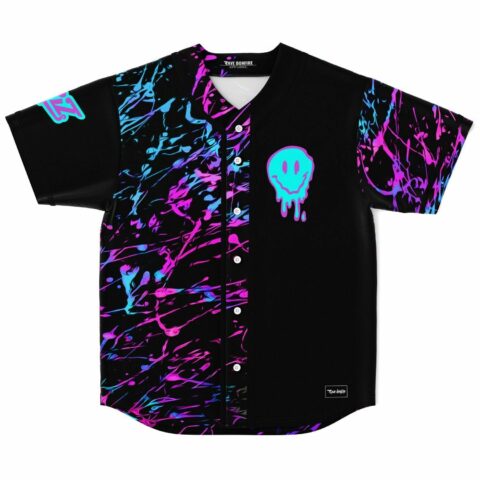 Black baseball jersey, front view, neon paint splatter print, dripping smiley face patch