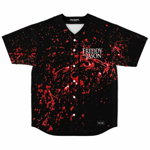 Blood splatter design with Freddy vs Jason chest text on baseball jersey, front view