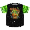 back view of black rave baseball jersey with cartoon skull pumpkin graphic and green portal