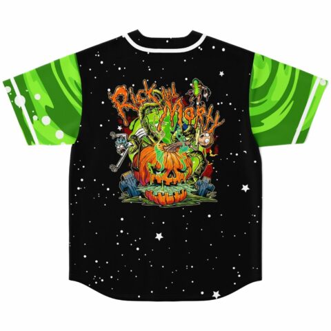back view of black rave baseball jersey with cartoon skull pumpkin graphic and green portal