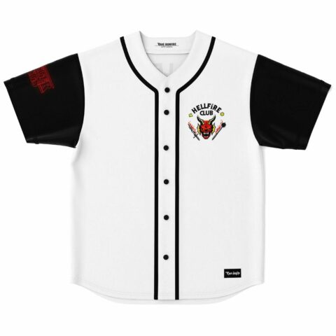 white Hellfire Club baseball jersey with devil head crest front view flat lay