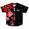 Rave baseball jersey with realistic red rose print and diamond eye emblem, flat lay