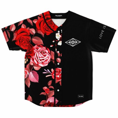 Rave baseball jersey with realistic red rose print and diamond eye emblem, flat lay