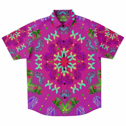 Custom short sleeve button-down shirt with floral and geometric patterns