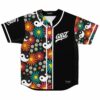 Retro daisy print rave baseball jersey with smiling yin yang and GRiZ script front view