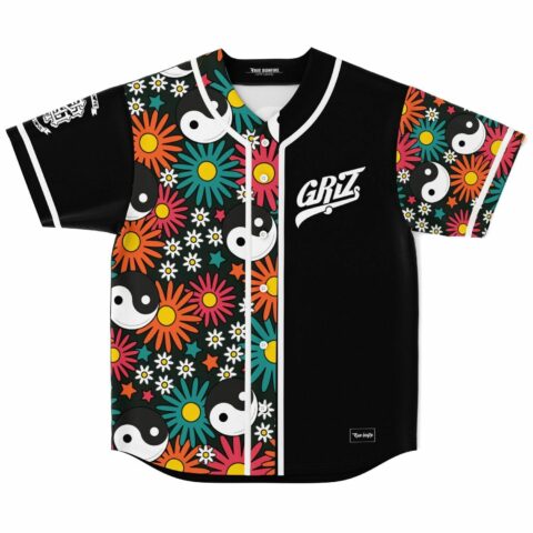 Retro daisy print rave baseball jersey with smiling yin yang and GRiZ script front view