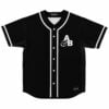 Black rave baseball jersey with white A&B logo on chest, front view flat lay