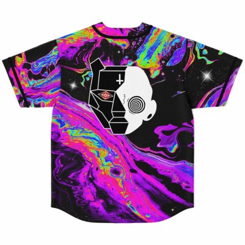 Neon oil swirl rave jersey back view showing full split face graphic on black