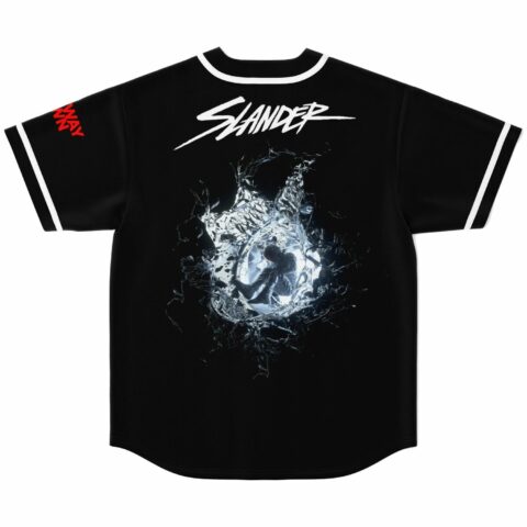 Black jersey back view showing bass-inspired shattered glass graphic and Slander script logo
