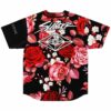 Black baseball jersey back view showing Slander script logo over red rose floral print