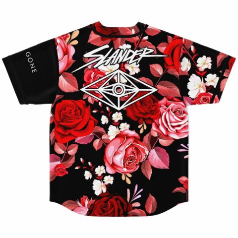 Black baseball jersey back view showing Slander script logo over red rose floral print