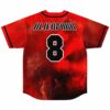 Red space nebula baseball jersey back view showing ALIENPARK text and number 8 in black