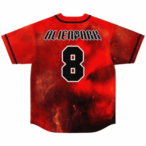 Red space nebula baseball jersey back view showing ALIENPARK text and number 8 in black
