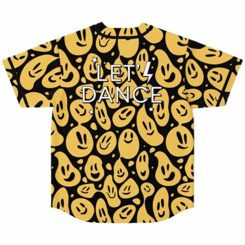 Back view of melting smiley jersey with Let's Dance lightning bolt text print