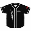 Black baseball jersey with brushscript wordmark and diamond eye emblem, front view