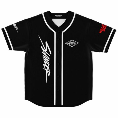 Black baseball jersey with brushscript wordmark and diamond eye emblem, front view