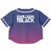 Back view of the purple and pink gradient rave crop top with white text