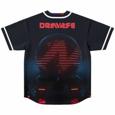 Back view of black jersey with glowing red sphere graphic and DRMVRSE text