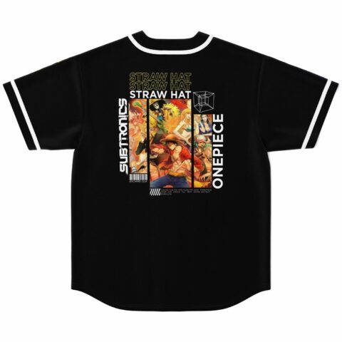 Black baseball jersey back view with anime-inspired straw hat graphic panels and Subtronics text