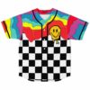 Drippy melting smiley face jersey with checkerboard bottom front view flat lay