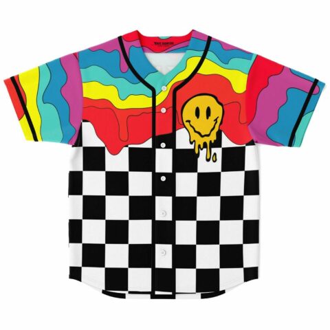 Drippy melting smiley face jersey with checkerboard bottom front view flat lay