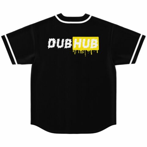 Black rave jersey back view showing large dripping Dub Hub text in white and yellow