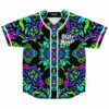 Neon kaleidoscope Out of Mind baseball jersey on black, front view laid flat