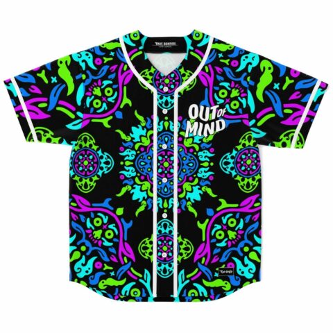 Neon kaleidoscope Out of Mind baseball jersey on black, front view laid flat