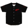 Black rave baseball jersey with red BTSM text front view and geometric sleeve accents