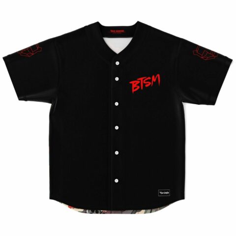 Black rave baseball jersey with red BTSM text front view and geometric sleeve accents