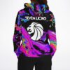Back view of oil slick rave hoodie with white lion emblem and Seven Lions text