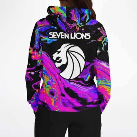 Back view of oil slick rave hoodie with white lion emblem and Seven Lions text