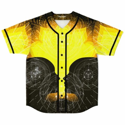 Yellow black glowing lotus rave baseball jersey with sacred geometry front view flat lay