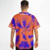 Orange and blue tie-dye rave baseball jersey with spider-burst pattern back, worn view