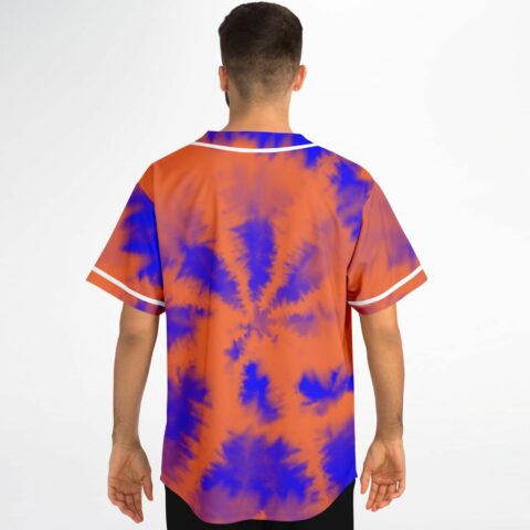 Orange and blue tie-dye baseball jersey with spider pattern back, worn view