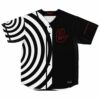 Hypnotic swirl baseball jersey front view with red eye-in-hand emblem on black panel