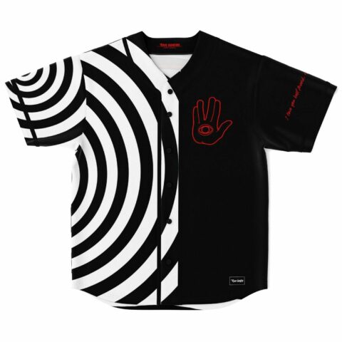 Hypnotic swirl baseball jersey front view with red eye-in-hand emblem on black panel