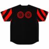 Black baseball jersey back with red hypnotic concentric dot circles and striped sleeves