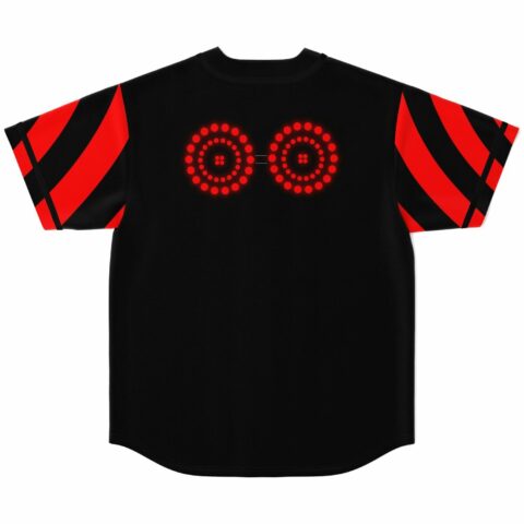 Black baseball jersey back with red hypnotic concentric dot circles and striped sleeves
