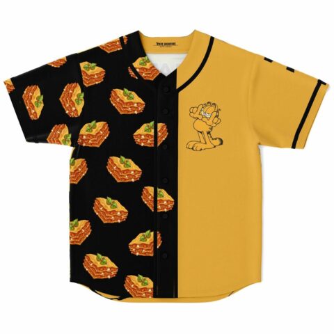 lasagna print rave baseball jersey with cartoon cat on mustard front panel