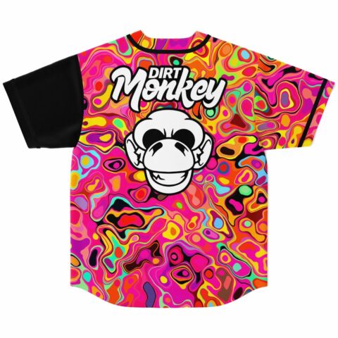 Dirt Monkey text and monkey logo on hot pink liquid marbled jersey back with black