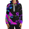 Neon oil slick galaxy rave hoodie front view with white drawstrings and starry black print