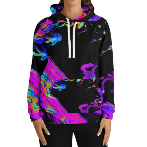 Neon oil slick galaxy rave hoodie front view with white drawstrings and starry black print