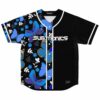 Blue butterfly print rave baseball jersey with bass-inspired text across black front panel